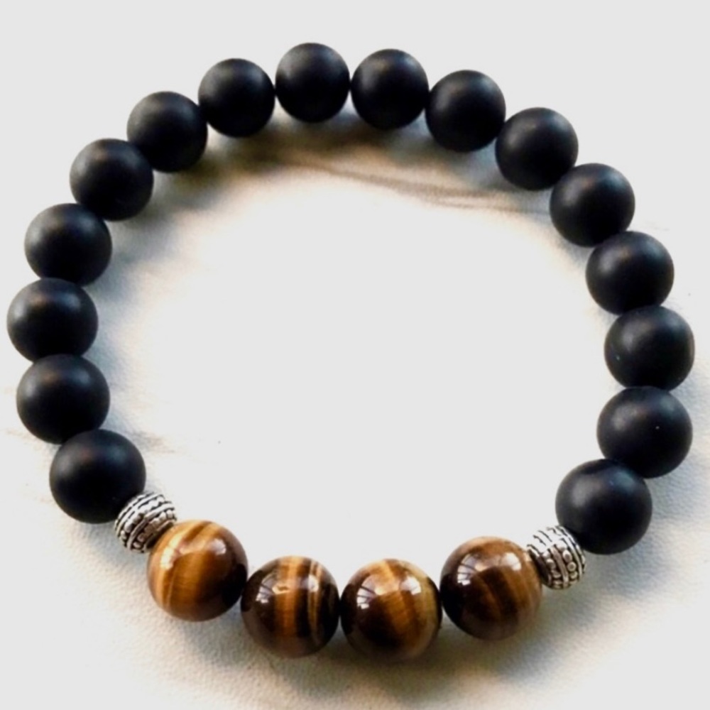 Genuine golden tiger eye & matte onyx men bracelet - Picture 4 of 7